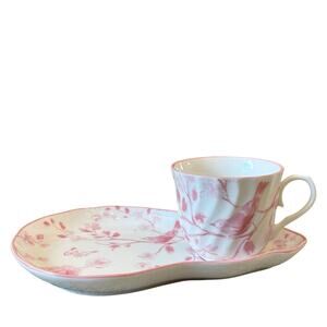 Grace Teaware Fine Porcelain Teacup & Snack Plate Set  Pink Floral and Bird NEW
